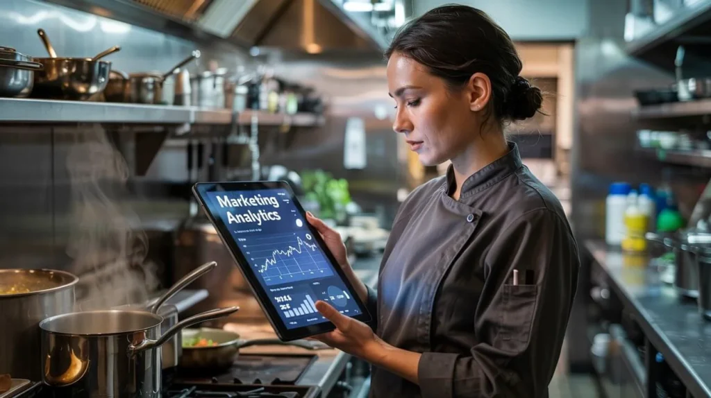 Restaurant owner using a tablet to review restaurant marketing performance metrics